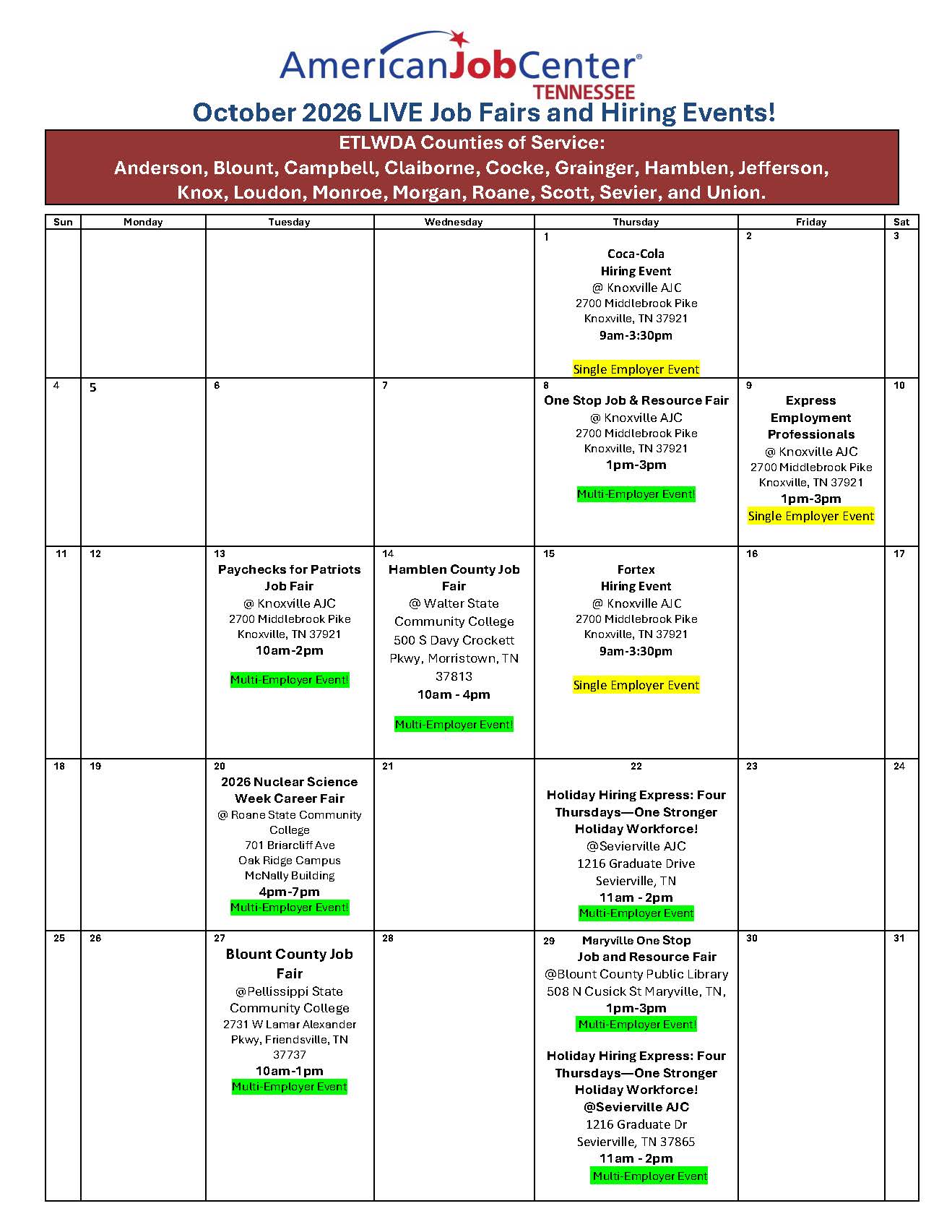 October Calendar of Events