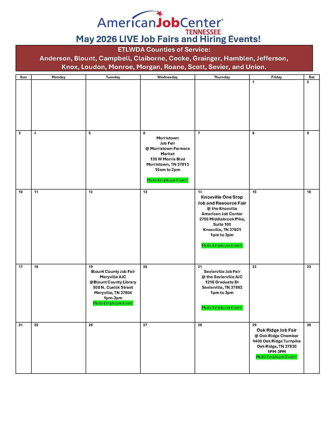 May AJC Job Fair Calendar